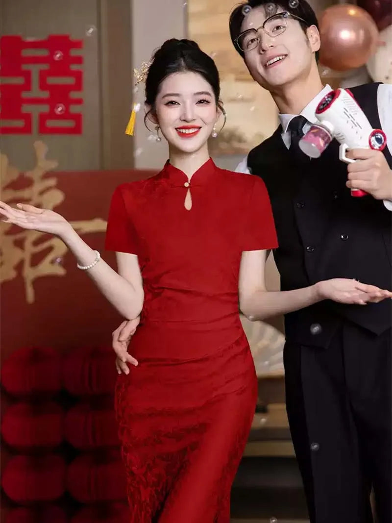 Modern Qipao Wedding dress,embroidered cheongsam bridal gown for autumn weddings, engagement, tea ceremony, and plus-size brides