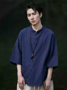 Modern Tang suit male, Chinese linen Mandarin collar shirt, men’s casual summer cotton-linen short sleeve Tang-style fashion