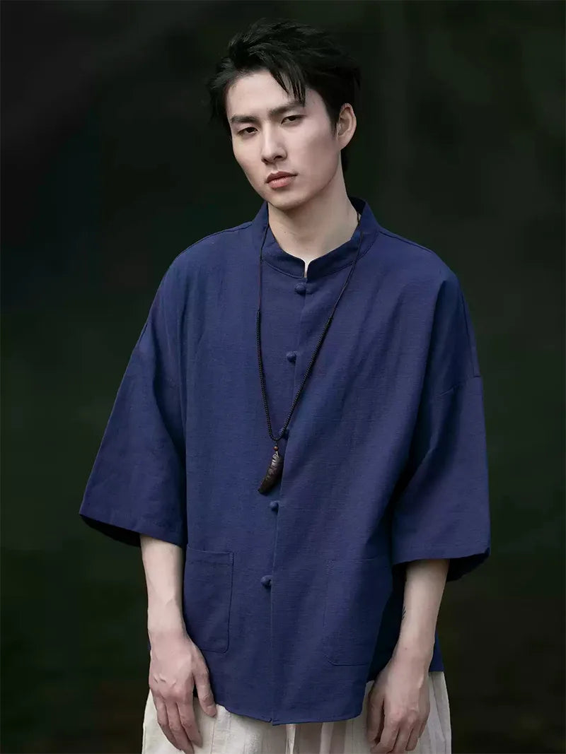 Modern Tang suit male, Chinese linen Mandarin collar shirt, men’s casual summer cotton-linen short sleeve Tang-style fashion