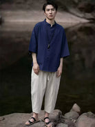 Modern Tang suit male, Chinese linen Mandarin collar shirt, men’s casual summer cotton-linen short sleeve Tang-style fashion