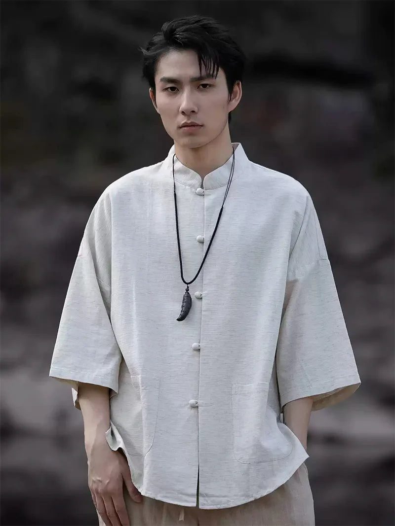 Modern Tang suit male, Chinese linen Mandarin collar shirt, men’s casual summer cotton-linen short sleeve Tang-style fashion