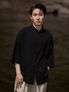 Modern Tang suit male, Chinese linen Mandarin collar shirt, men’s casual summer cotton-linen short sleeve Tang-style fashion