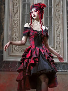 My Lolita Dress gothic black and red jacquard off-shoulder palace gown with lace brooch for elegant Christmas fashion