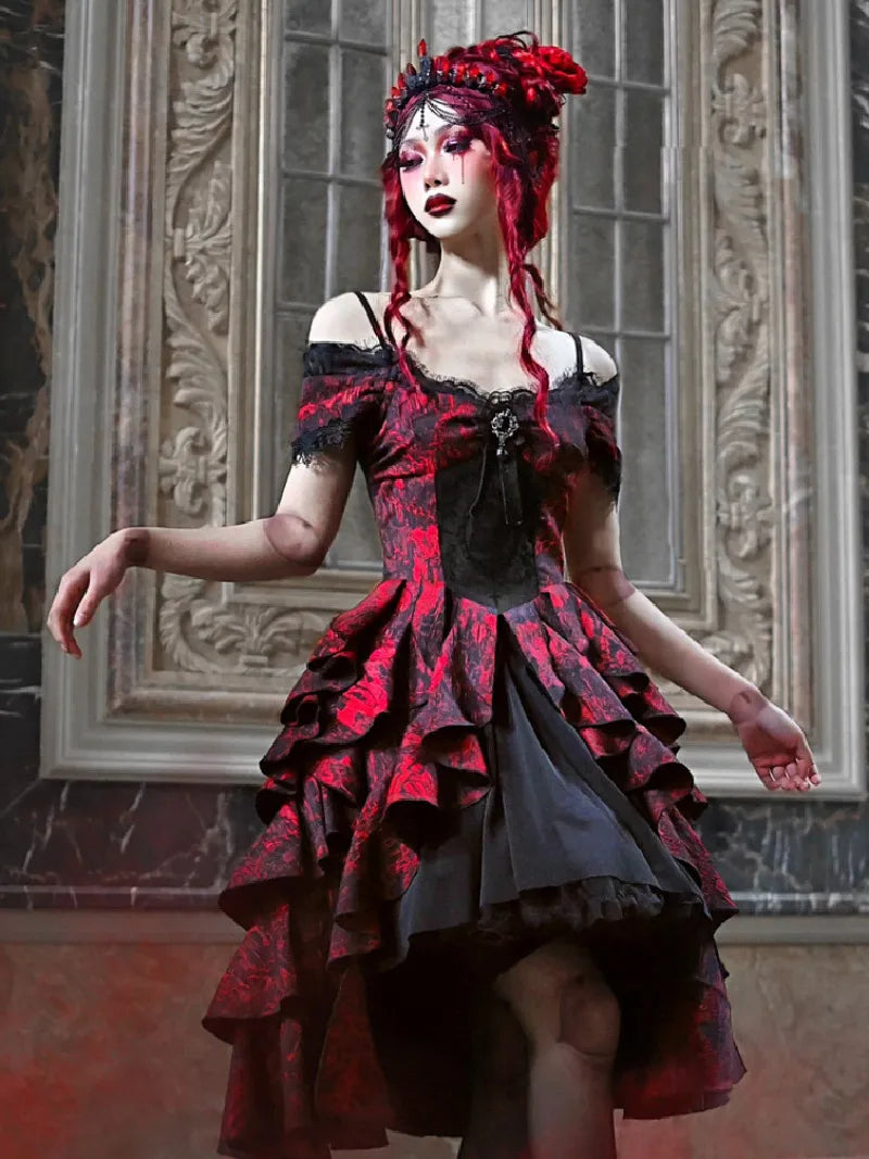My Lolita Dress gothic black and red jacquard off-shoulder palace gown with lace brooch for elegant Christmas fashion