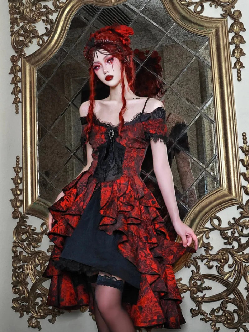 My Lolita Dress gothic black and red jacquard off-shoulder palace gown with lace brooch for elegant Christmas fashion