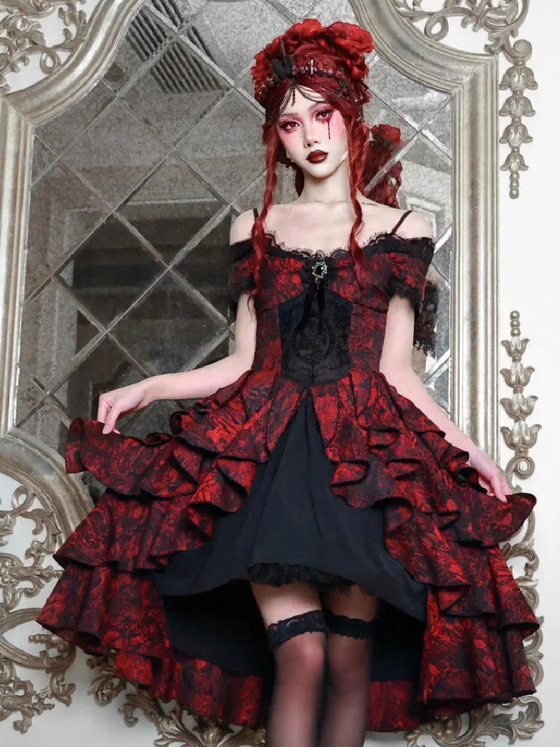 My Lolita Dress gothic black and red jacquard off-shoulder palace gown with lace brooch for elegant Christmas fashion