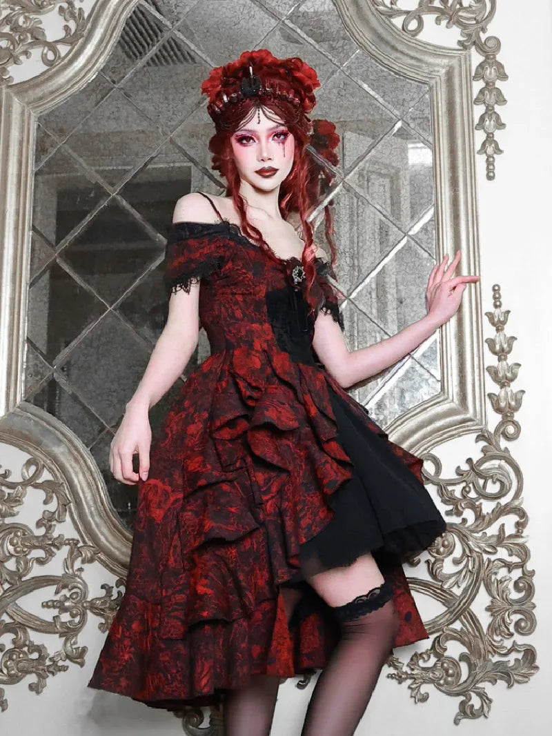 My Lolita Dress gothic black and red jacquard off-shoulder palace gown with lace brooch for elegant Christmas fashion