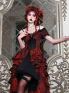 My Lolita Dress gothic black and red jacquard off-shoulder palace gown with lace brooch for elegant Christmas fashion