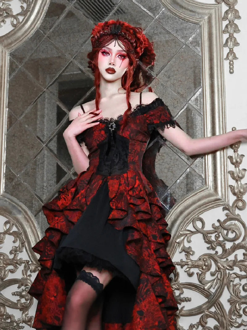 My Lolita Dress gothic black and red jacquard off-shoulder palace gown with lace brooch for elegant Christmas fashion