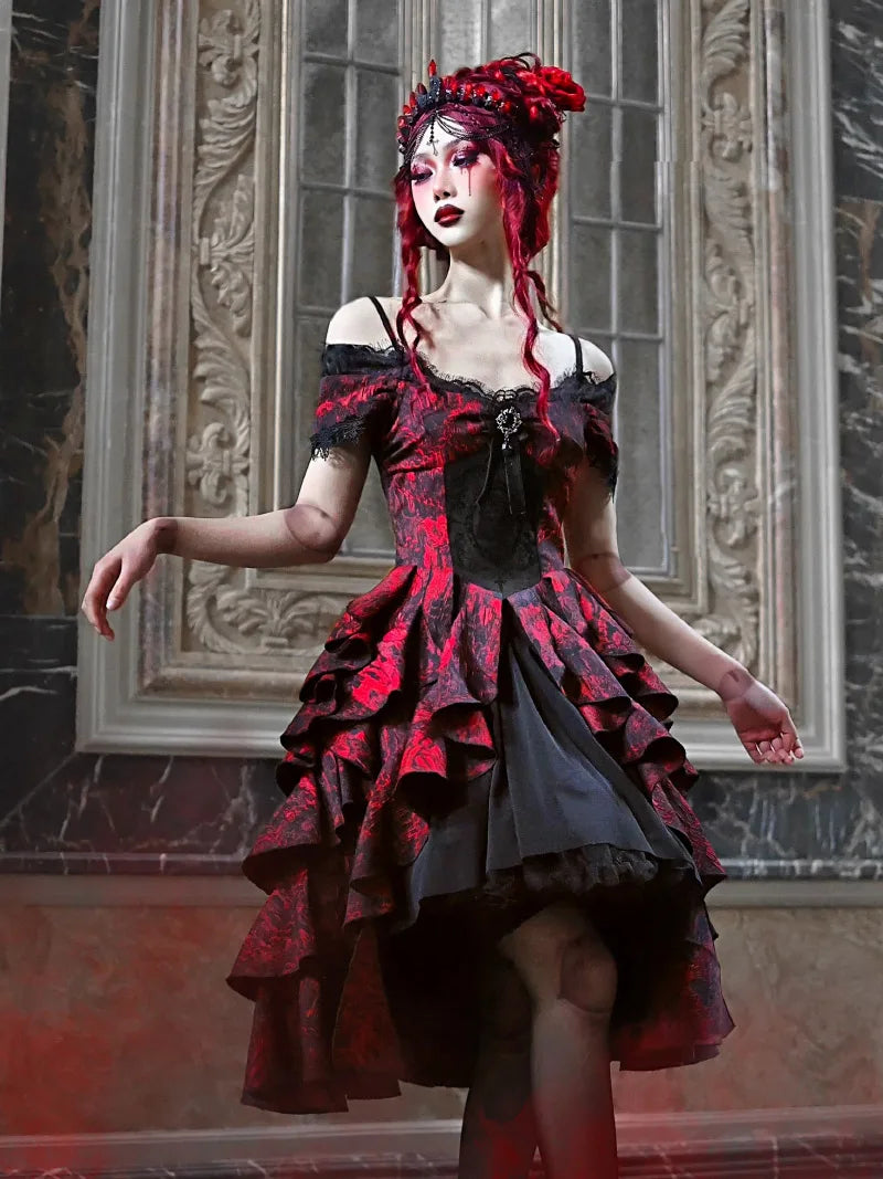 My Lolita Dress gothic black and red jacquard off-shoulder palace gown with lace brooch for elegant Christmas fashion