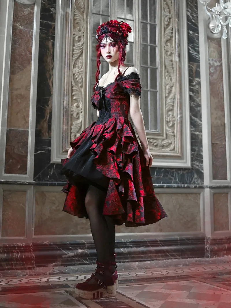 My Lolita Dress gothic black and red jacquard off-shoulder palace gown with lace brooch for elegant Christmas fashion