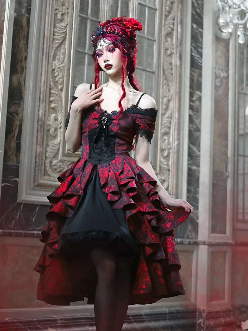 My Lolita Dress gothic black and red jacquard off-shoulder palace gown with lace brooch for elegant Christmas fashion