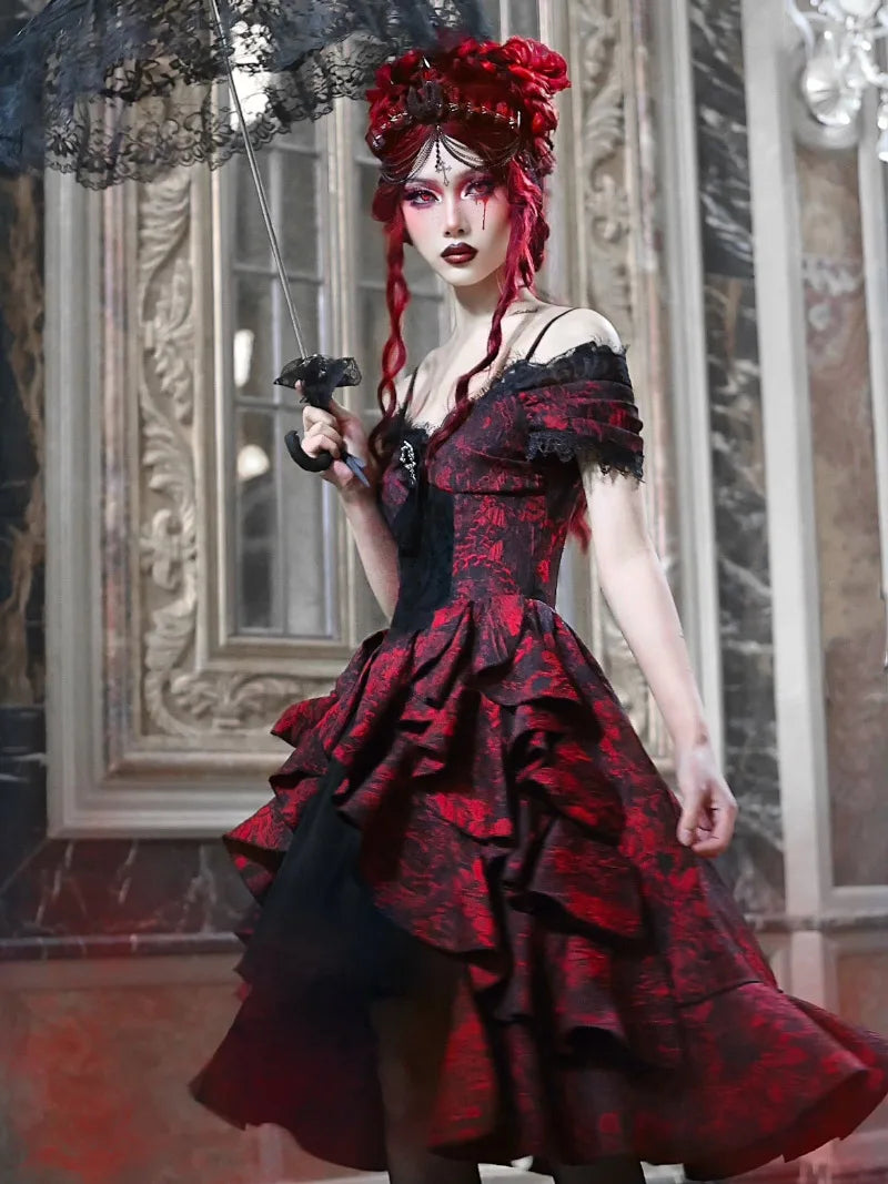 My Lolita Dress gothic black and red jacquard off-shoulder palace gown with lace brooch for elegant Christmas fashion