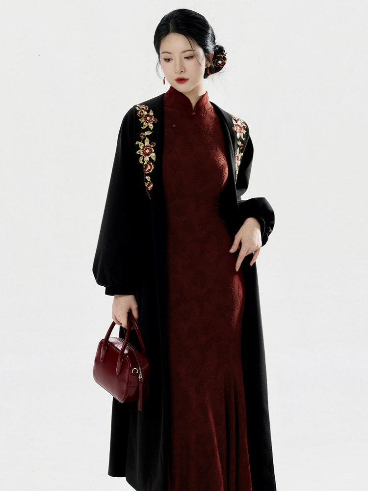 Chinese Style Belted Coat for Women – Black Camellia Embroidery