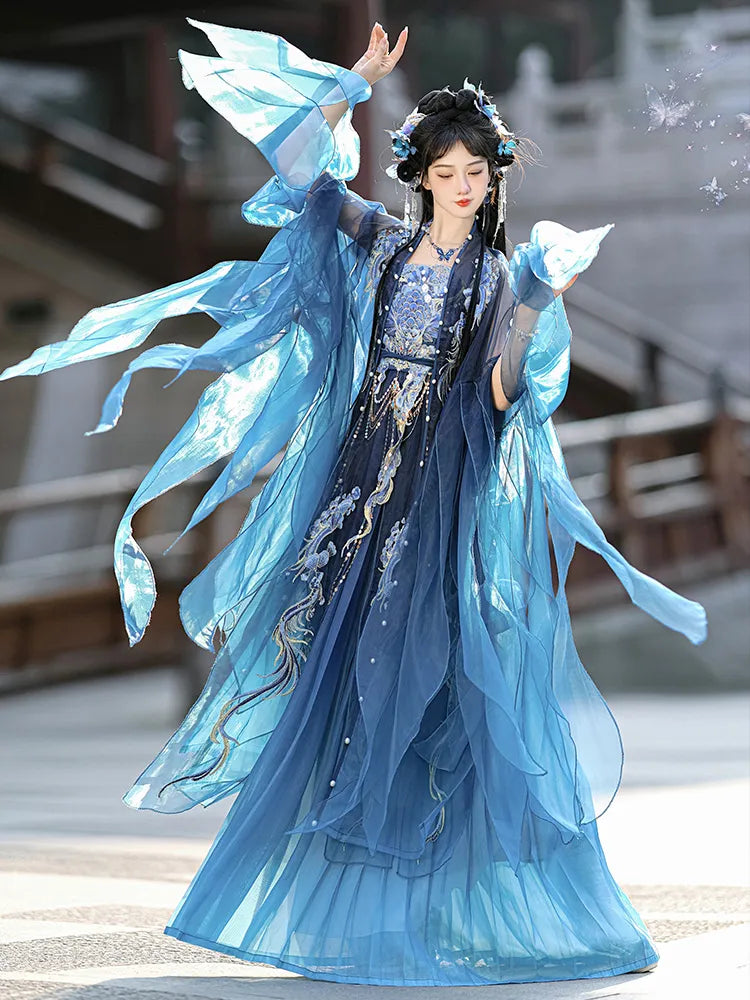 Blue Dragon Hanfu Dress Set Embroidered Chinese Outfit