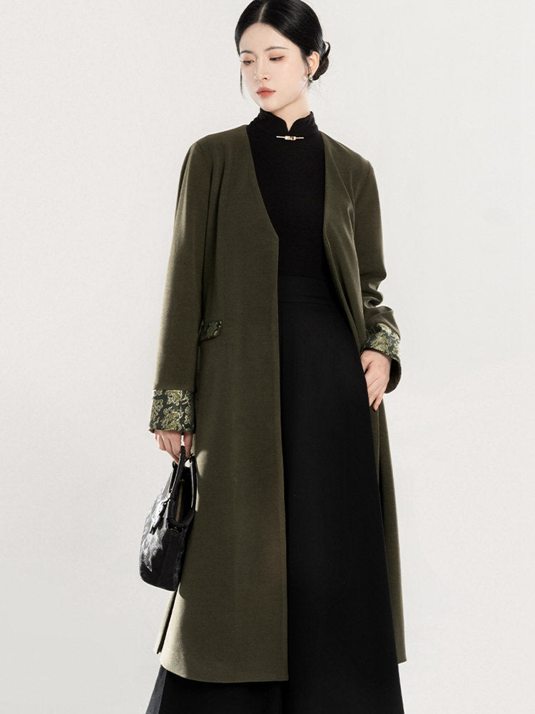 Olive Green Hanfu Coat with Auspicious Brocade Trim