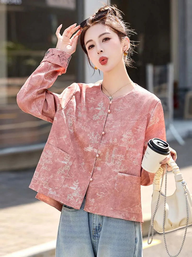 Pink Tang suit jacket with elegant embroidery and modern Chinese design for stylish women