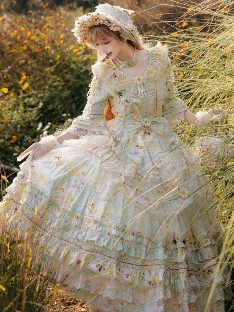 Princess sweet daisy Lolita OP dress with soft pastoral style and floral details