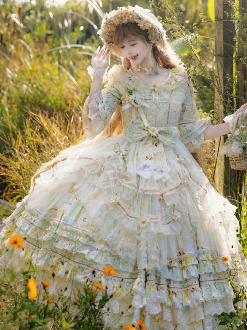 Princess sweet daisy Lolita OP dress with soft pastoral style and floral details