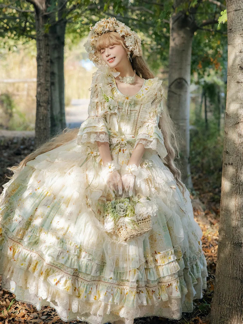 Princess sweet daisy Lolita OP dress with soft pastoral style and floral details