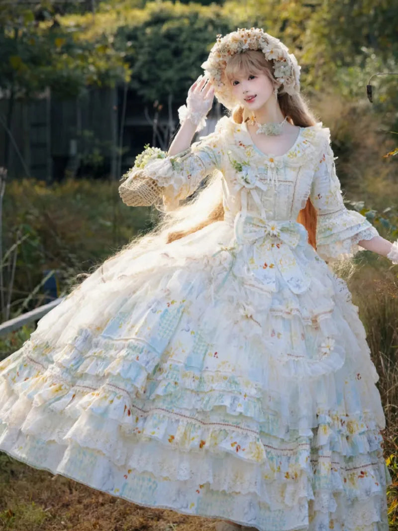 Princess sweet daisy Lolita OP dress with soft pastoral style and floral details
