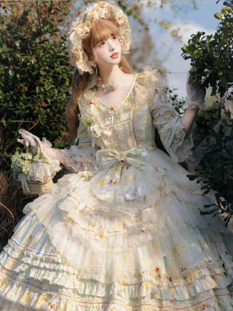 Princess sweet daisy Lolita OP dress with soft pastoral style and floral details