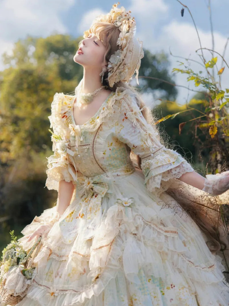 Princess sweet daisy Lolita OP dress with soft pastoral style and floral details