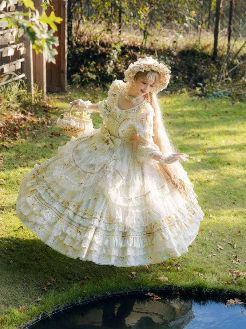 Princess sweet daisy Lolita OP dress with soft pastoral style and floral details