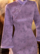 Warm purple winter qipao featuring soft suede fabric and a refined modern Chinese silhouette.