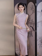 Lavender/Green Sleeveless Floral Qipao Dress