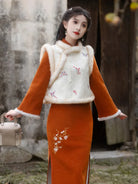 Qipao Chinese New Year embroidered winter dress for women, slim fit and elegant design.