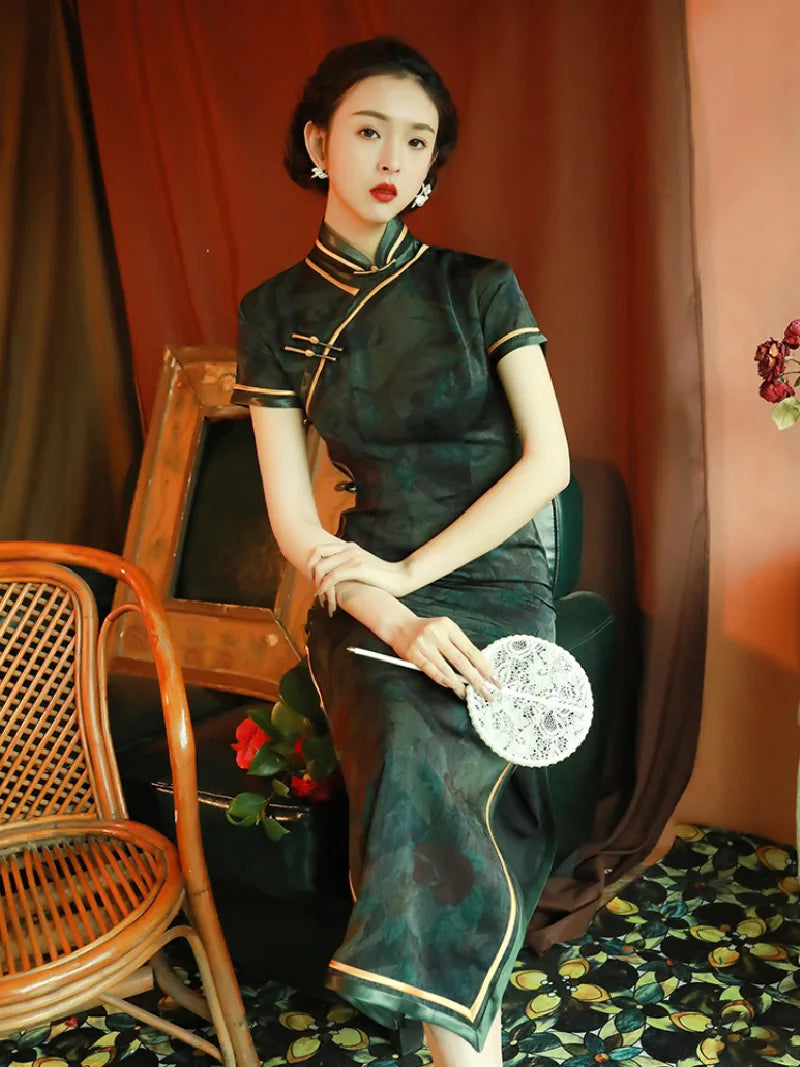 Elegant qipao dress traditional with modern Chinese design, vintage charm, and graceful long silhouette