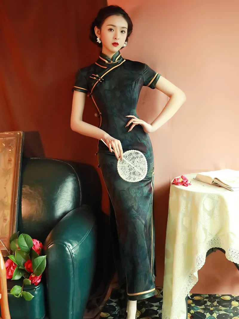 Elegant qipao dress traditional with modern Chinese design, vintage charm, and graceful long silhouette