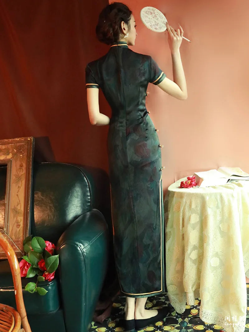 Elegant qipao dress traditional with modern Chinese design, vintage charm, and graceful long silhouette