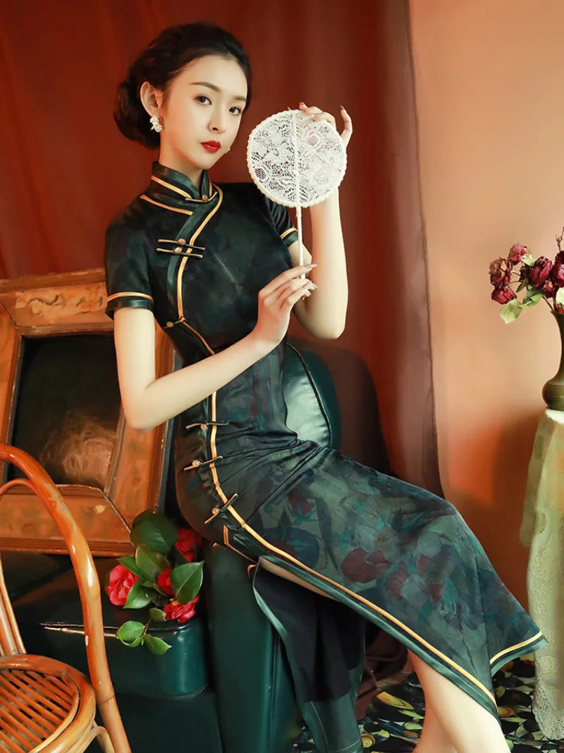 Elegant qipao dress traditional with modern Chinese design, vintage charm, and graceful long silhouette