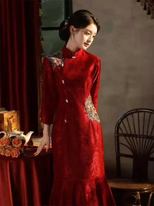 Qipao Dress Wedding | Red Chinese Embroidered Cheongsam Bridal Gown