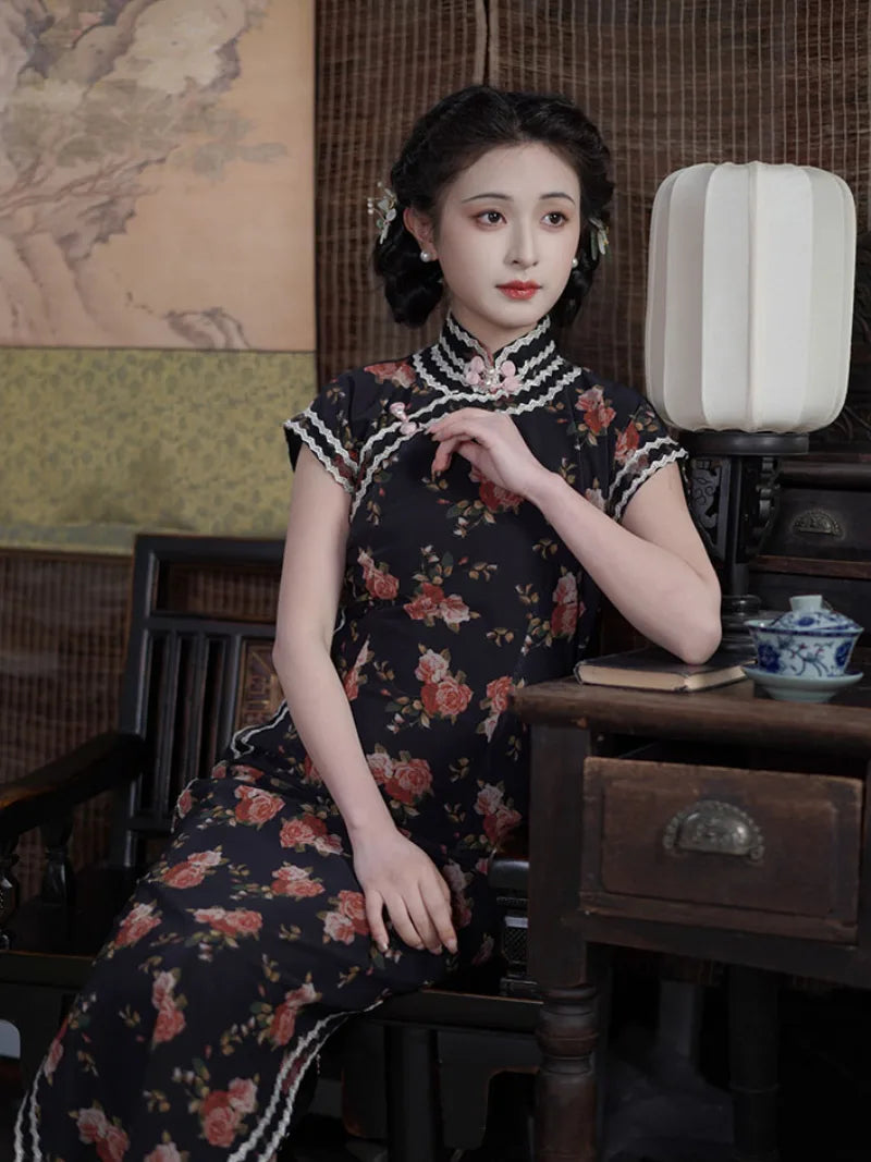 Dark Rose long qipao dresses in vintage Chinese style, elegant semi-open cheongsam for young women with timeless charm
