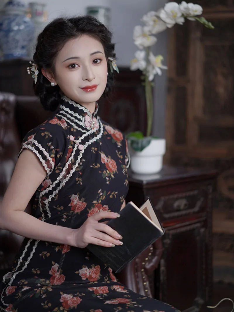 Dark Rose long qipao dresses in vintage Chinese style, elegant semi-open cheongsam for young women with timeless charm