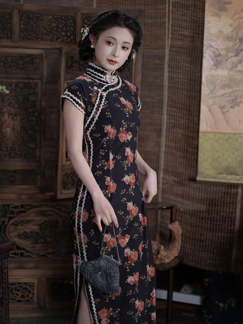 Dark Rose long qipao dresses in vintage Chinese style, elegant semi-open cheongsam for young women with timeless charm