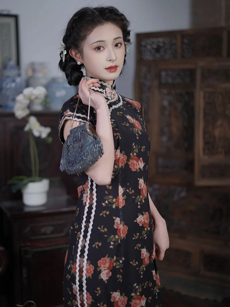 Dark Rose long qipao dresses in vintage Chinese style, elegant semi-open cheongsam for young women with timeless charm
