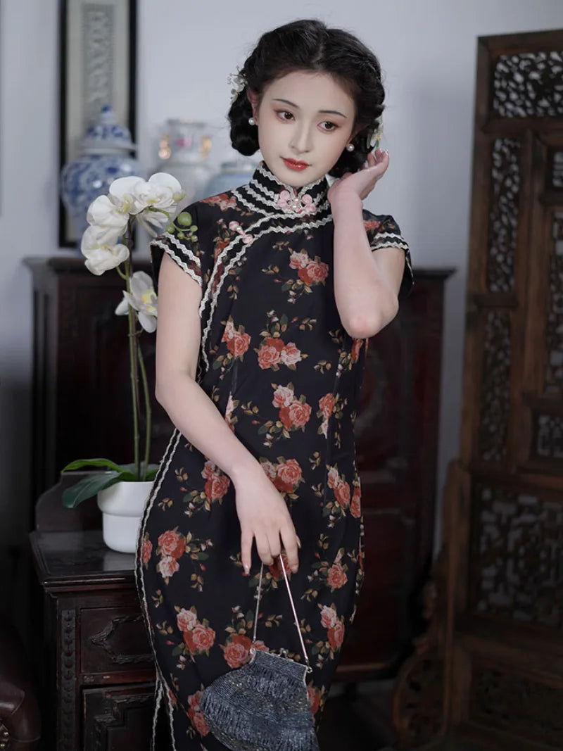 Dark Rose long qipao dresses in vintage Chinese style, elegant semi-open cheongsam for young women with timeless charm