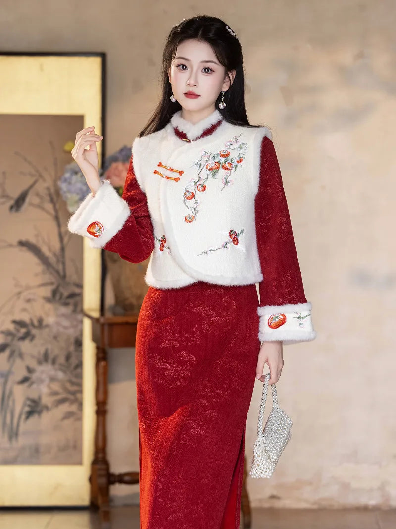 Stylish winter qipao for Chinese New Year with intricate knot buttons and back zipper