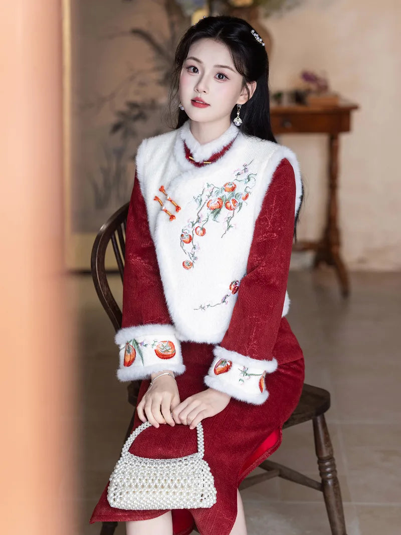 Stylish winter qipao for Chinese New Year with intricate knot buttons and back zipper