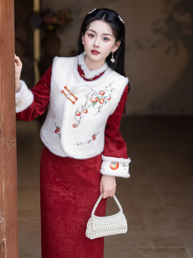 Stylish winter qipao for Chinese New Year with intricate knot buttons and back zipper