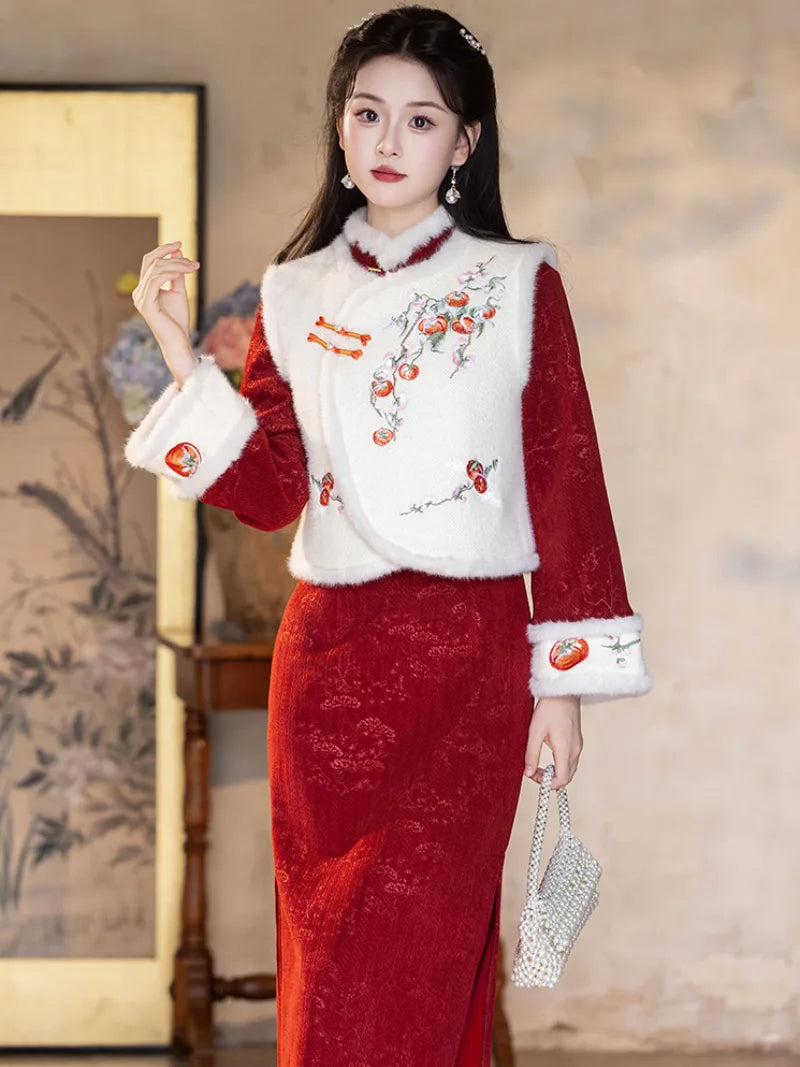 Stylish winter qipao for Chinese New Year with intricate knot buttons and back zipper