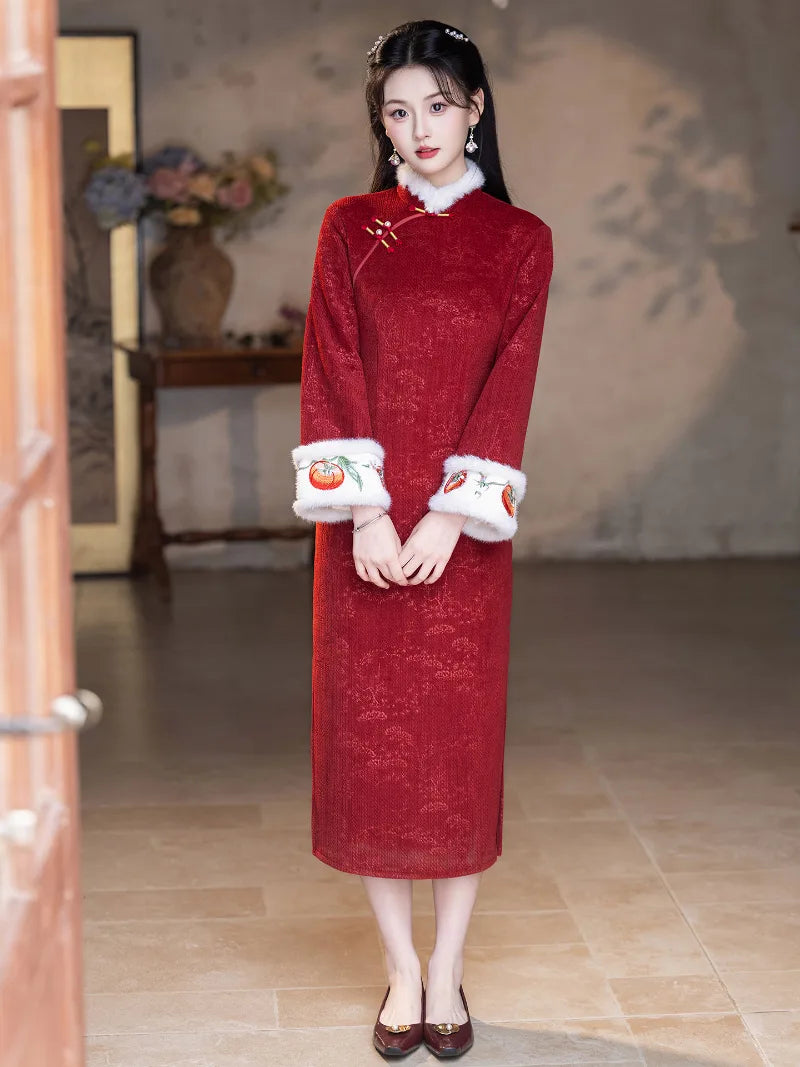 Stylish winter qipao for Chinese New Year with intricate knot buttons and back zipper