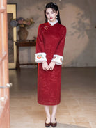 Stylish winter qipao for Chinese New Year with intricate knot buttons and back zipper