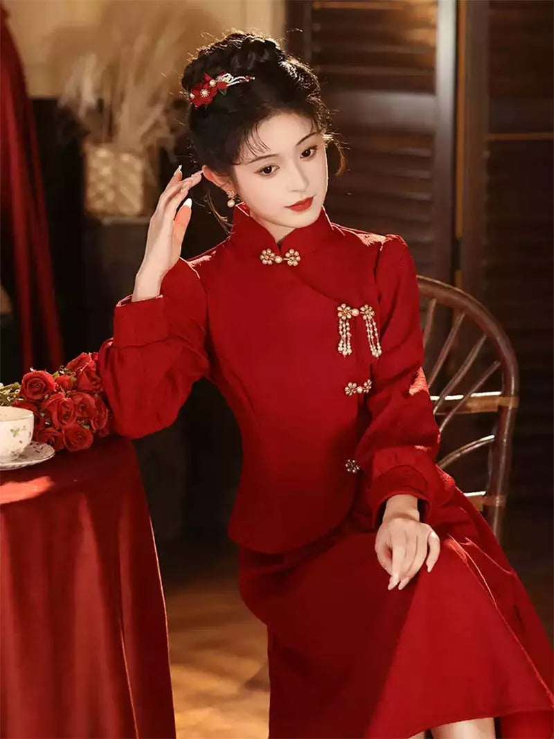 Qipao for Wedding | Red Bridal Chinese Dress Set Autumn Winter Thickened