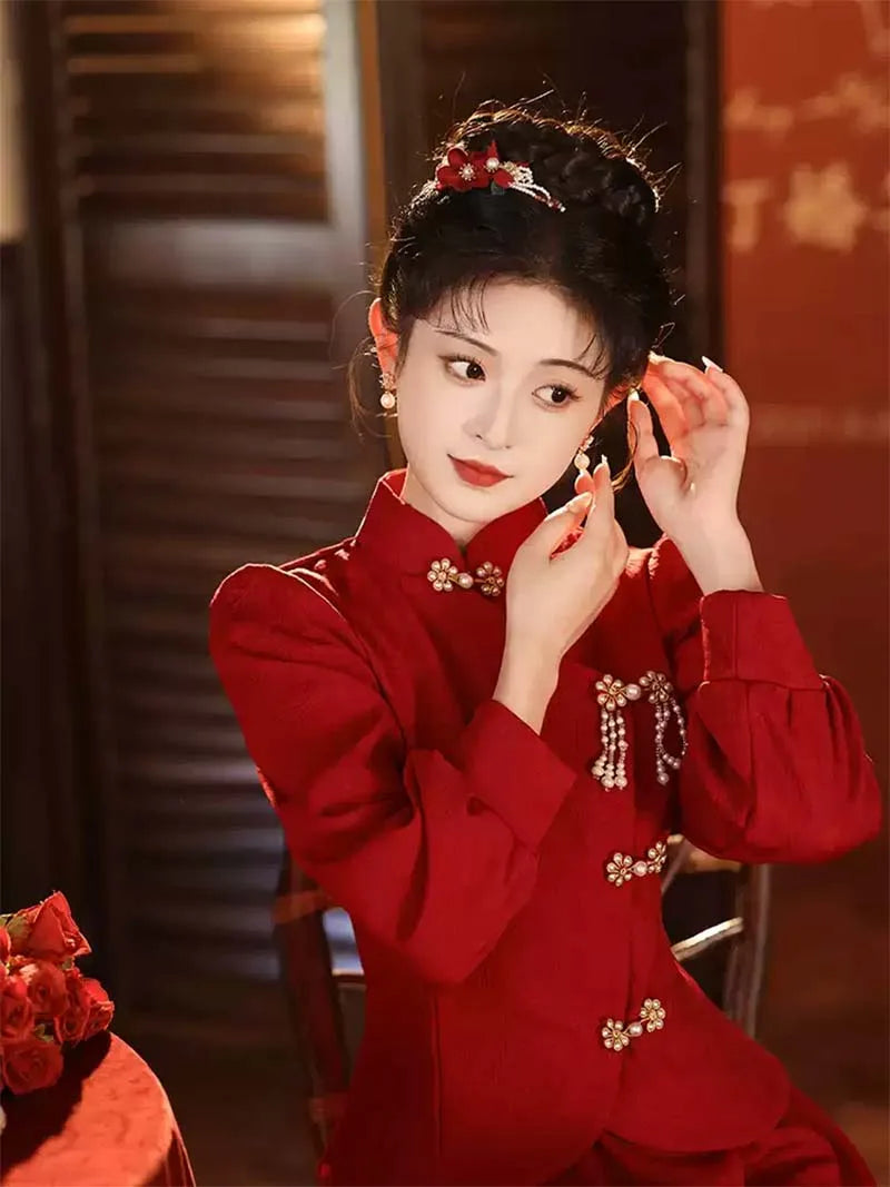 Red qipao for wedding, autumn winter thickened bridal set dress for engagement and banquet wear