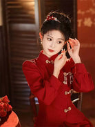 Red qipao for wedding, autumn winter thickened bridal set dress for engagement and banquet wear